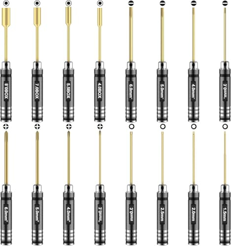 RC Car Tool Kit - 16pcs Screwdriver Set Includes Flat, Phillips, Hex, Titanium Steel Tools with Storage Bag for RC Car, Drone, Helicopter, Models