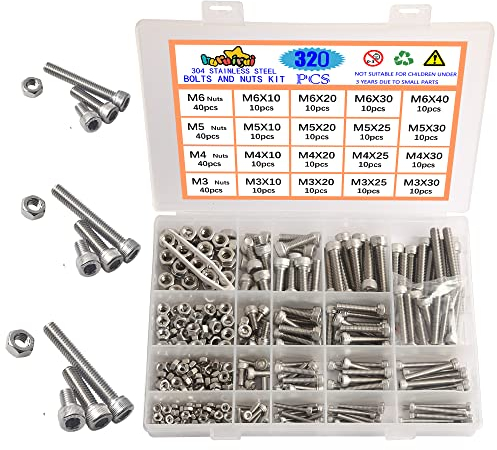 huruirui Nut and Bolts Set M3 M4 M5 M6 304 Stainless Steel Hex Socket Screw Bolts and Nuts Kit Hex Stainless Machine Screws With Storage Box 320PCS