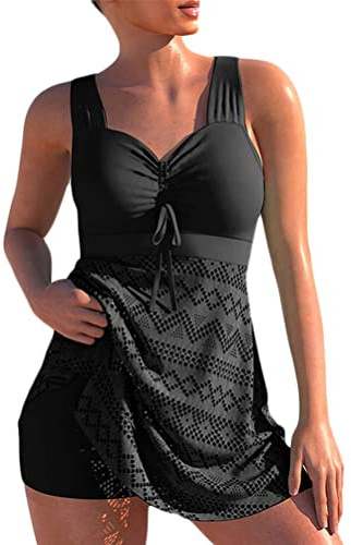 Tankini Maillot de Bain Femme 2 Pieces Taille Haute Découpé Evidé Maillots Push Up Rembourré Tankini Ensembles Grande Taille Débardeur et Short Vetement Plage Femme (Noir, XL)