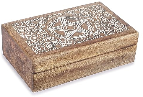 Ajuny Scatola Portagioielli in Legno di Mango 20×13×6,5 cm – Cofanetto Vintage Intagliato a Mano (motivi stella & fiore), Organizzatore per Gioielli e Orologi, Scatola dei Ricordi, Idea Regalo