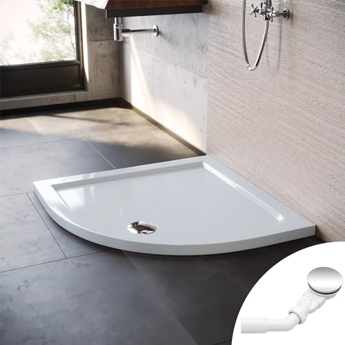 SONNI Plato de ducha ovalado de 90 x 90 x 4 cm, con radio de 550 mm, extraplano, panel acrílico ABS, incluye desagüe