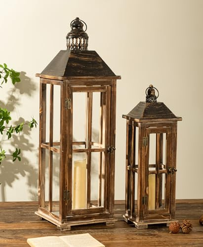 Large Farmhouse Wooden Decorative Lantern Set of 2, Rustic Distressed Brown Burnt Wood Floor Candle Lanterns, Indoor/Outdoor Hanging Lanterns for Home Decor (No Glass)