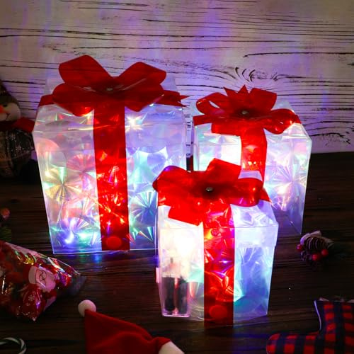 3pcs Boîtes Cadeaux Lumineuses, Boîte Cadeau Noël Illuminée Nœuds Boîtes Cadeaux Illuminées Boîtes Cadeaux Guirlandes Blanches Décorations d'arbre de Noël pour Décorations de Noël