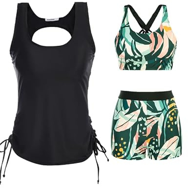 JASAMBAC Set Tankini da donna in 3 pezzi, top bikini push-up e pantaloncini da bagno a vita alta, costume da bagno semplice, costume da bagno sportivo, costume da bagno per spiaggia, piscina, Foglie