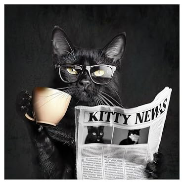 STYLER Küchenbild Cat 30 x 30 cm I CHARMANTE Katze I Glasbild mit Katze Brille und Zeitung I Bild für Küche & Wohnzimmer I Deko Wandbild modern I Tierbilder Set