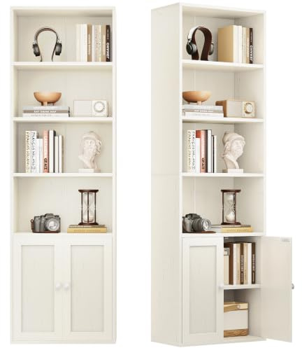 Coleshome 6-Tier Bookcase with Doors and Cabinet, Bookshelf Floor Standing Display Storage Shelf, Bookcases for Home, Office, Living Room, Bedroom, White, 48 x 24 x 176.4