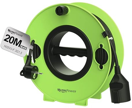 MutecPower enrollacables con cable de extensión Schuko de 20 m, enchufe extraplano con lengüeta abatible, H05VV-F 3G1.5 16A/250V IP20 para interior – portátil enrollable y apto para montaje en pared