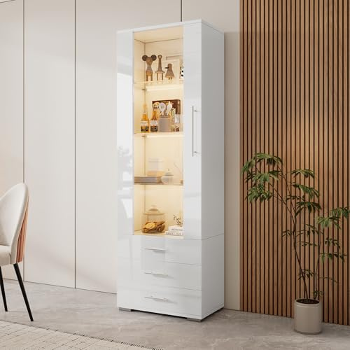 Lexiou Vitrina de cristal brillante, vitrina con iluminación LED, vitrina vertical con 3 cajones, 60 x 35 x 180 cm (blanco)