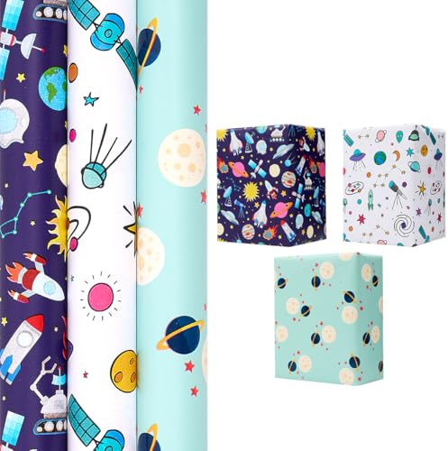 3 Rolls Birthday Gift Wrapping Paper : 43cm x 3M Space Pattern Wrapping Paper - Blue, Sky blue and White Paper for Kids Birthday Gift Wrapping