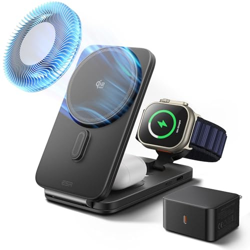 ESR 3-i-1 laddningsstation för iPhone 17e/17, Qi2.2 induktionsladdare | 25 W med CryoBoost magnetisk snabbladdare för iPhone 16 med iOS 26, AirPods, Apple Watch, 65 W adapter