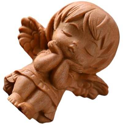 Angoily Figurine d'ange Sculptée en Bois 6x5,5x4,8 Cm Décoration Religieuse Aile d'ange Ornementale Présent Miniature pour Intérieur Bureau Maison