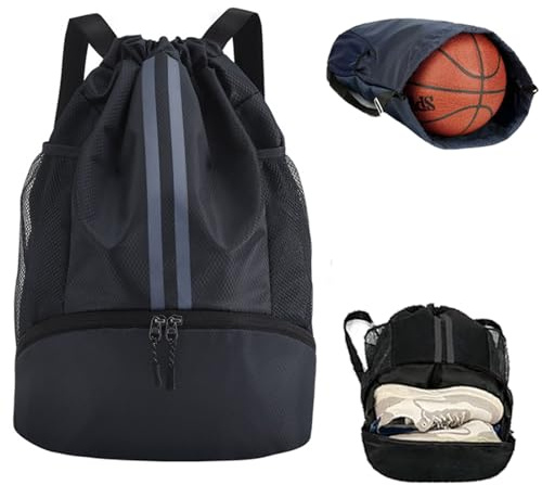 RubyTint Drawstring Gym Bag-Waterproof Sports Backpack with Shoe Compartment and Wet Dry Separation, Large Unisex Swimming Bag with Mesh Fabric and Adjustable Shoulder Straps (black)