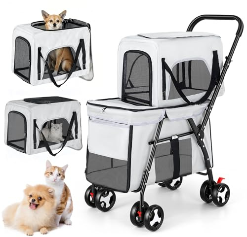 GJCrafts Poussette pour chien, à 2 étages, bretelles amovibles, convient pour siège auto et transport à la main, avec inserts en maille et rembourrage, sac de transport pliable pour chien, chat