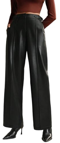 DIASHINY Women Faux Leather Trousers, High Waist Wide Leg with Pockets Ladies PU Leather Office Work Pants