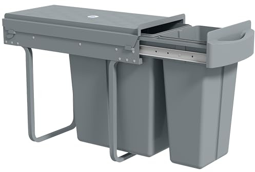 HOMCOM Pattumiera da cucina scorrevole da incasso, 30 l, con 2 scomparti rimovibili, pattumiera sotto lavello con coperchio smerigliato, scorrimento fluido e manico, per rifiuti e riciclaggio, grigio