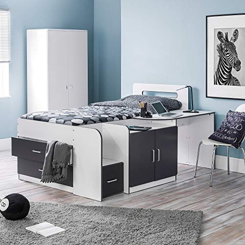 happybeds Mid Sleeper with Storage, Cookie White Charcoal Grey Multicolour Wood Modern Cabin Bed - 3ft Single (90 x 190 cm) Frame Only