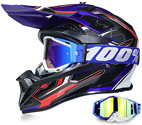 YASE Motorradhelm Crosshelm mit Brille, Motocross Helm/Enduro Downhill Helm, Offroad Motorradbrille Herren/Damen Full Face MTB Helm für Moped/ATV/Mountain Bike (Schwarz/Blau/Rot,XL (58-59CM))