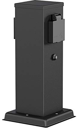 ledscom.de Garten Steckdosensäule Polly für außen, IP44, Dämmerungssensor, 2-Fach, Edelstahl, schwarz, eckig, 27 cm