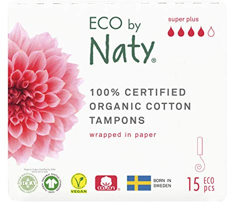 Eco by Naty Tampons sans applicateur Super Plus - Tampons absorbants à base de plantes, produit menstruel en coton biologique, meilleur pour la santé féminine (15 unités)