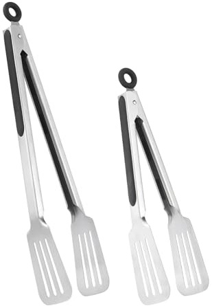 Lebabo Metal Tongs for Cooking, Set of 2 Stainless Steel Spatula Tongs for Grilling, Cooking and Flipping, Strong Grip for Ribs, Steak and Fish, Comfortable Grip, Easy Pull Lock, 9 inch & 12 inch