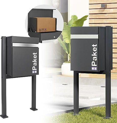 ML-Design Paketbriefkasten mit Ständer, 44x35x58 cm, Anthrazit-Silber, verzinkter Stahl, Paketbox mit Zylinderschloss, Paketkasten mit Rückholsperre, Postkasten Briefkasten mit Standfuß 120,5x56,5 cm