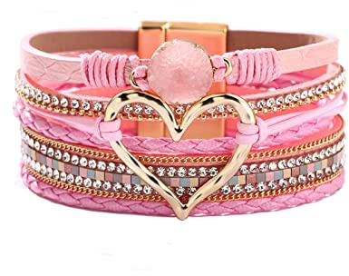 KunBead Women Pink Leather Wrap Heart Bracelets Braided Handmade Bohemian Multilayer Bracelet Wristband Cuff Birthday Jewelry