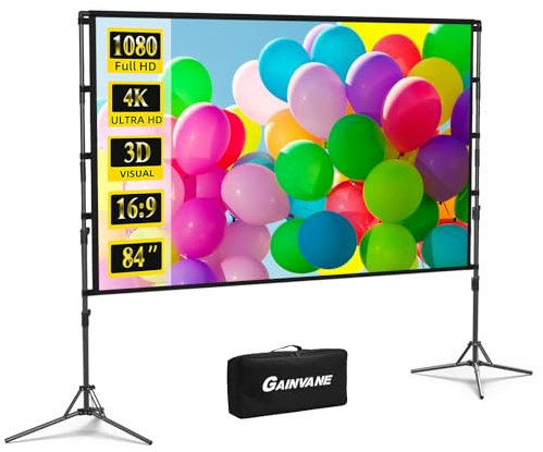 Projector Screen with Tripod, GAINVANE 84 Inch Indoor Projector Screen, Portable Outdoor Cinema, 16:9 HD Rear Front Garden Projection Screen with Carry Bag for Home Party Theatre Nights