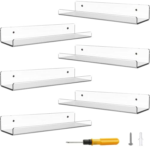 6-Pack Adhesive Shelves, 15 x 4 Clear Acrylic No-Drill Wall Shelves | Stick-On Floating Shelf for Wall Storage and Organization in Bedrooms, Living Rooms, Bathrooms, and Kitchens