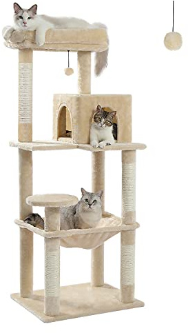 PAWZ Road 143cm Cat Tree for Indoor Cats with Metal Frame Large Hammock, 56.3 Inches Big Cat Tower with Scratching Posts and Top Perch, 4.7ft Multi-Level Activity Center with Replaceable Pompon, Beige