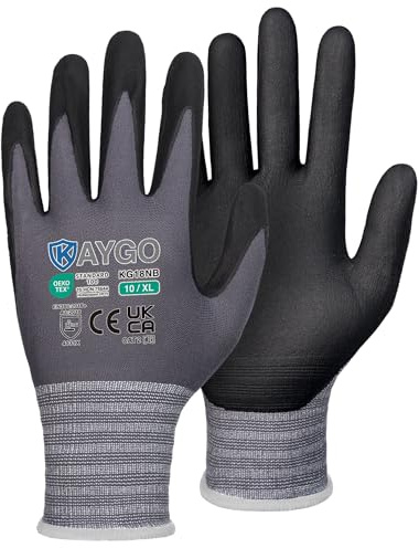 KAYGO 3 paires de gants de travail, enduits de nitrile antidérapants et résistants à l'abrasion en nylon tricoté sans couture pour atelier de montage de voiture (Noir, XL, taille 10)