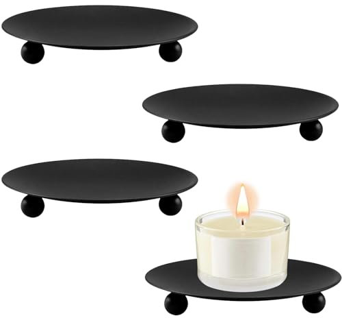 Xrten 4 Piezas Platos para Velas Retros, Candelabro Metal, Portavelas Decoracion Negro, Soporte de Velas, para Hogar, Boda Fiestas, Cena de Cumpleaños