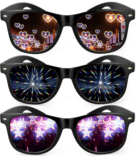 3 Stück Diffractions Party Brille, mit 3D Prisma Herz Stern Effekt , Lustige Brillen Brechungsbrillen Herz Brille Effekt, Rave Brille Herren Damen für Nacht EDM Feuerwerk Show Karneval Party Club
