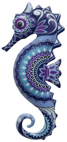 CAPRILO Adorno Pared Decorativo de Metal Lila y Azul Caballito de Mar. Cuadros y Apliques. Animales. Decoración Hogar. Regalos Originales. 13 x 1,50 x 30,50 cm