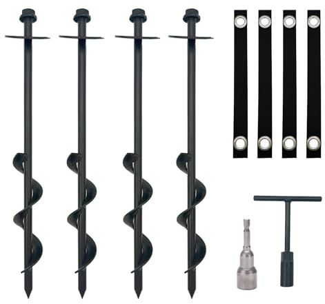 Ground Anchor, Trampoline Anchor Kit, Heavy Duty Ground Anchors, with Drills and Straps, Ground Screws, for Trampoline, Camping Tents, Sheds, Swings, Strong Cold Rolled Steel Material, Pack of 4