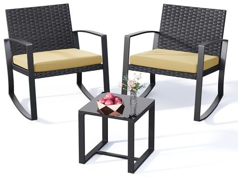 Xbro Salottino da Giardino Esterno con Sedie a Dondolo, Set Balcone 3 Pezzi in Rattan con Tavolo da Esterno e Cuscini per Terrazza Patio Veranda