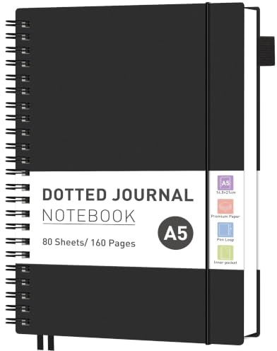 RETTACY A5 Spiral Notebook, Dotted Journal, 160 Pages, Black | Flexible Plastic Cover Notepad, 100 GSM Thick Bullet Paper, for Women Men Work Office School - 14.5 × 20.7 cm