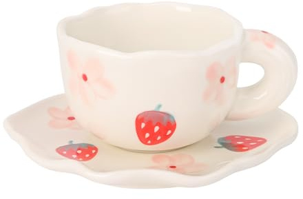 Koythin Ceramic Coffee Mug with Saucer Set, Cute Creative Cup Unique Irregular Saucer Design for Office and Home, 6 oz/180 ml for Latte Tea Milk (Strawberries and Flowers)