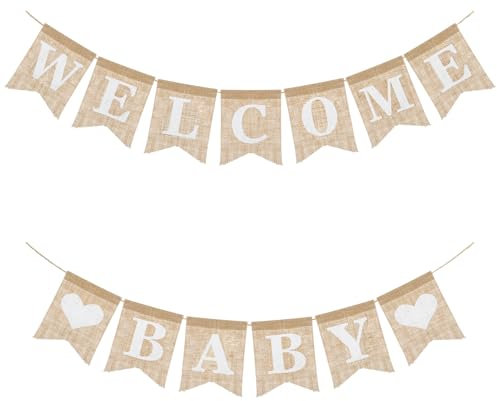 Welcome Baby Burlap Banner Flags - Pre-Strung Elegant Baby Shower Decoration for Boys and Girls - Arrival and Announcement Sign