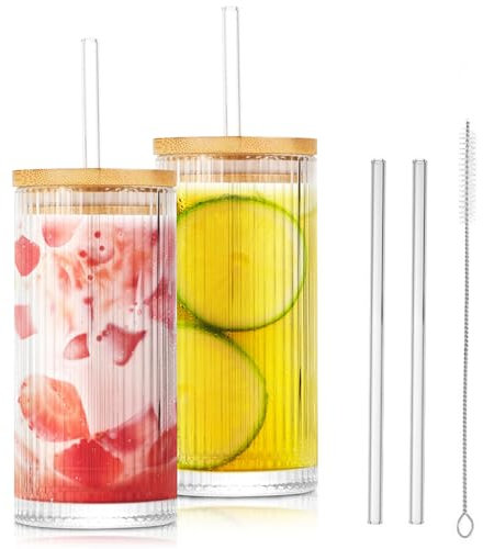 MIUUIPI Bicchieri in vetro trasparente, 2 bicchieri da 760 ml, con coperchio e cannuccia, bicchieri da caffè freddo, bicchieri da long drink, design impermeabile, ideali come caffè