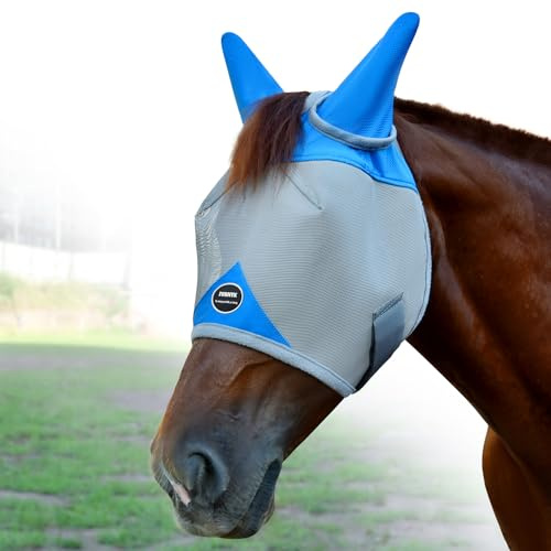 Fornyk Horse Fly Mask, Adjustable Fly Masks for Horses with Ears, Breathable and 70% UV Protection, Comfort Mesh Without Nose Cover, Horses Accessories (Grey, Blue, Medium)