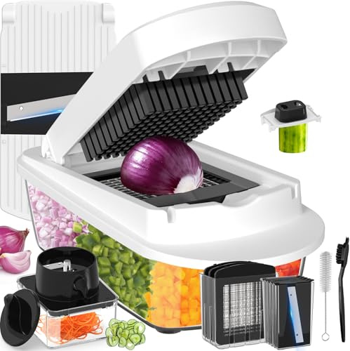 12 Blade All-in-1 Vegetable Chopper Mandoline Slicer with Container, Spiralizer with Containers, Food Chopper, Onion Chopper, Veggie Cutter for Salad, Kitchen Gadgets Accessories Essentials, White