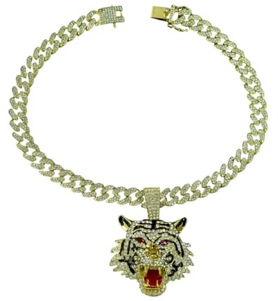 Fachoice Ciondolo scintillante con testa di tigre per uomo, collana hip-hop, testa di tigre dorata, occhi rossi