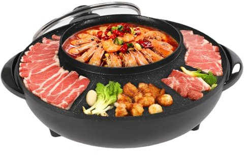 WINNIESHOP Hot Pot and Grill Combo Electric 2 in 1 Korean BBQ Grill Indoor Shabu Shabu Pot Electric Hot Pot with Grill for Hotpot BBQ, Barbecue & Grill (1350W)