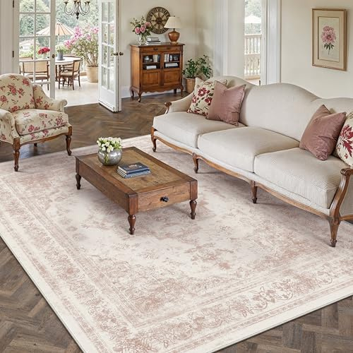HUGEAR Vintage Vardagsrum Matta Rosa 150x210cm Tvättbar Stor Mattor | Halkfri,Sovrumsmatta Rug,Sovrum,Kort Lugg Carpet,Matsal Rugs,Kontor Carpet,Barnrum,Inomhusbruk Golvmatta