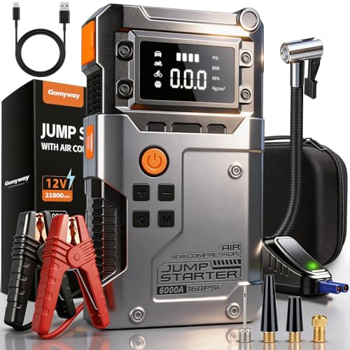 Avviatore Batteria Auto 6000A, Booster Avviatore Auto con Compressore 160PSI (per 12V 10.0L GAS e 8.0L DIESEL), Jump Starter 5V/3A,LED,Starter Batteria LCD,Avviatore Emergenza USB