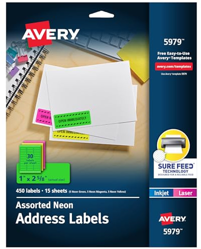 Avery Printable Address Labels with Sure Feed, 1 x 2-5/8, Assorted Neon Colors (Magenta, Green and Yellow), Laser & Inkjet Compatible, 450 Blank Labels Total (5979)