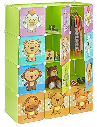 Relaxdays Scaffale Componibile per la Cameretta dei Bambini, Immagini Graziose di Animali, Ante e Bastone Appendiabiti, Verde