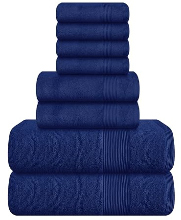 Belizzi Home 8 Piece Towel Set 100% Ring Spun Cotton, 2 Bath Towels 27x54, 2 Hand Towels 16x28 and 4 Washcloths 13x13 - Ultra Soft Highly Absorbent Machine Washable Hotel Spa Quality - Navy Blue