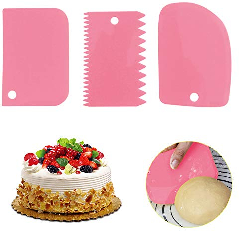Plastic Cake Scraper Spatula Set 3PCS, Dough Cutter Scraper Dough Bowl Scrapers Plastic Dough Icing Fondant Scraper Cake Decorating Plain (Pink)