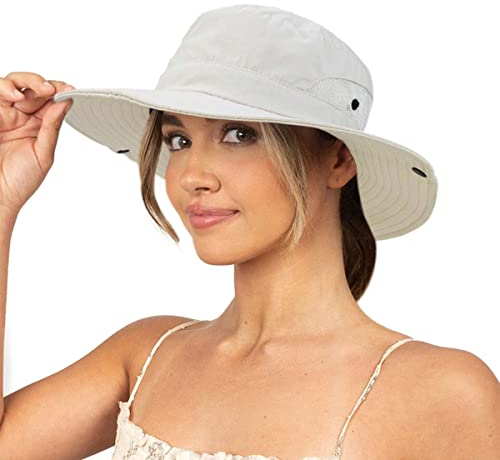 Sonnenhut für Damen, Sommer, UV-Schutz, Strandhut, breite Krempe, Netzstoff, Fischerhut mit Pferdeschwanz-Loch, faltbar, verstaubar, Beige, Medium